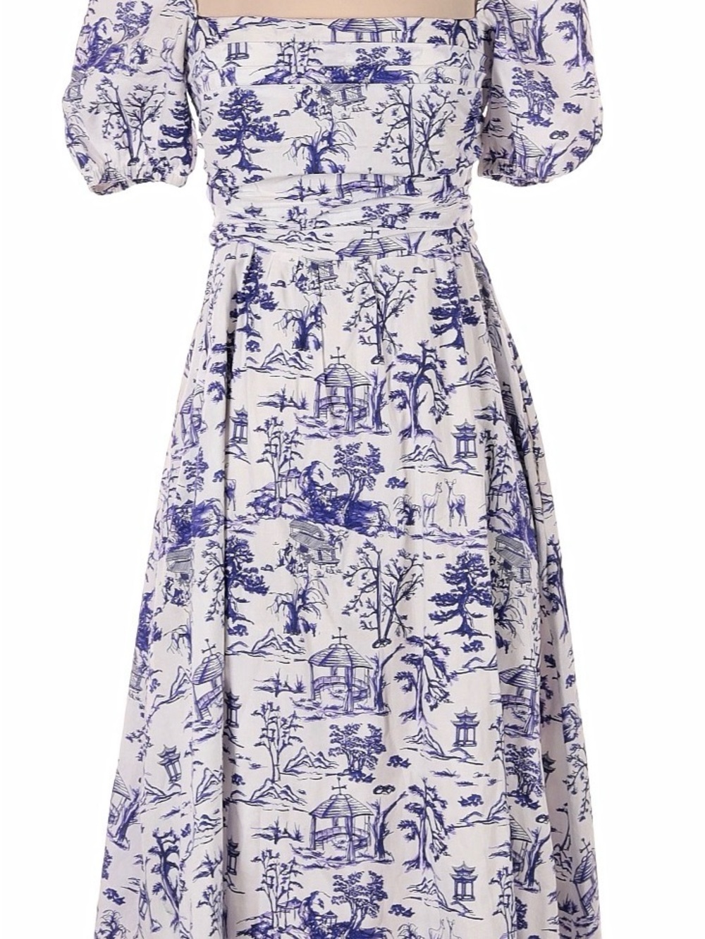 o.p.t. Square-Neck Midi Dress in White and Blue Toile Print